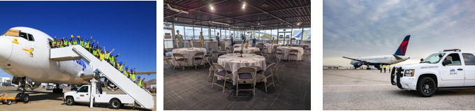 左：ビクタービル空港（イメージ）、中央：フライト パス ラーニングセンター＆ミュージアム@Ben Irving（イメージ）、右：ロサンゼルス空港・滑走路@Ben Irving（イメージ）